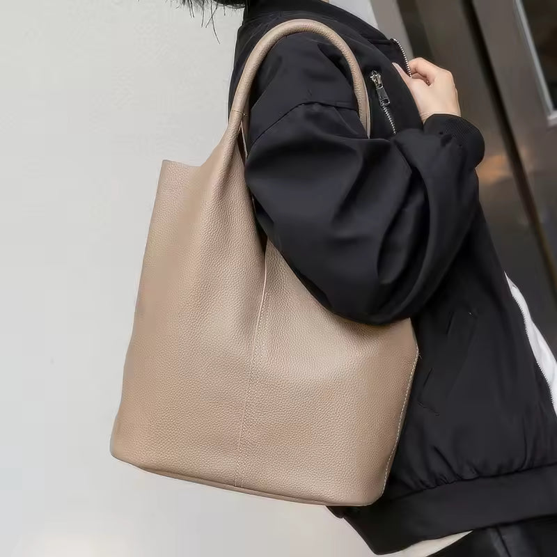 Executive Leather Bucket Tote | Minimalist Large Capacity Shopper Bag