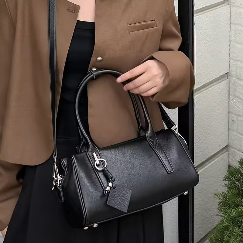 Women's Coffee Cowhide Genuine Leather Shoulder Bags Female Designer Retro Boston Tote Soft Matte Crossbody Cow Leather Bag