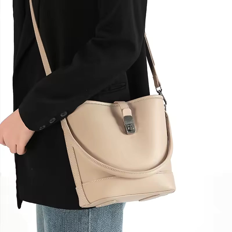 Genuine Cowhide Leather Women's Bucket Handbag For Ladies Soft Large Capacity Shoulder & Crossbody Bag Luxury Brand Messenger