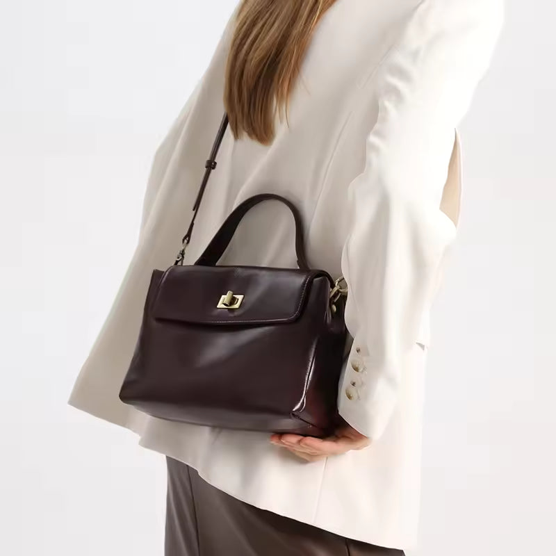Chic Cowhide Leather Handheld Bag | Versatile Luxury Shoulder & Crossbody Tote
