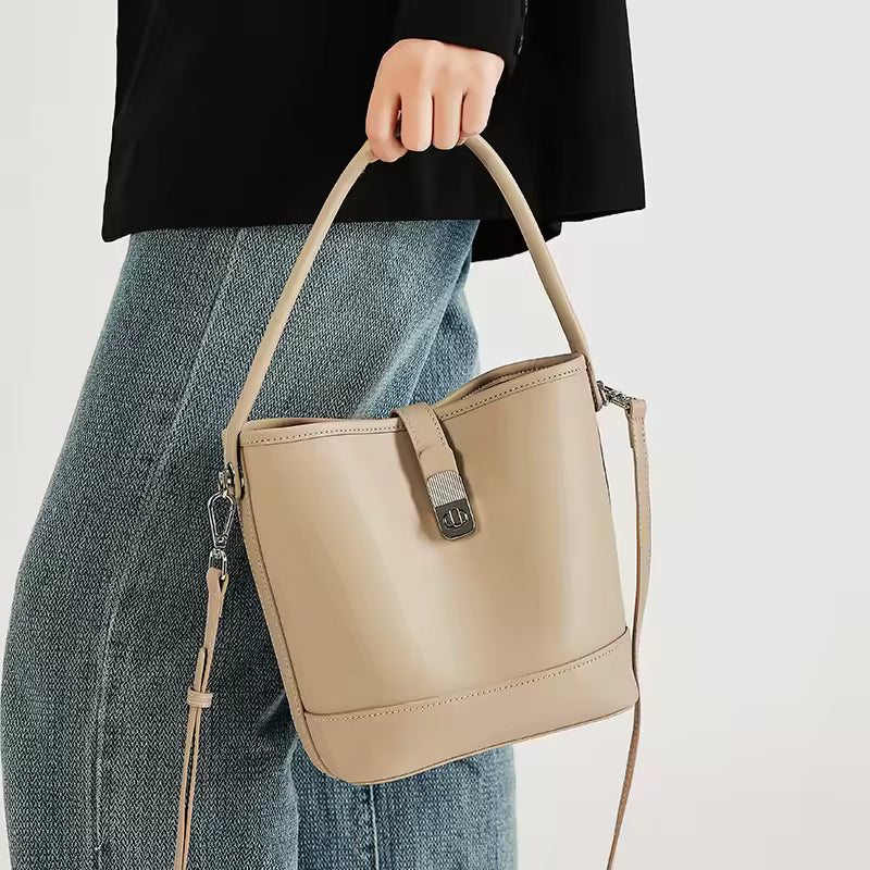 Genuine Cowhide Leather Women's Bucket Handbag For Ladies Soft Large Capacity Shoulder & Crossbody Bag Luxury Brand Messenger