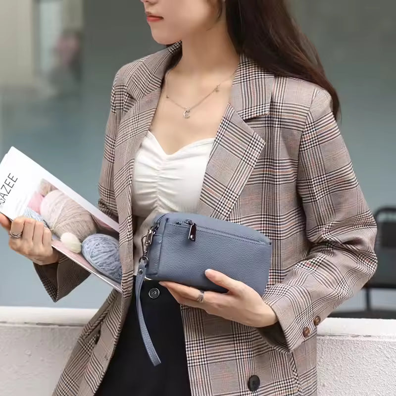 Sophisticated Leather Wristlet Clutch - Genuine Cowhide Portable Purse for Women
