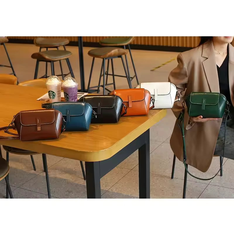 Women's Oil Wax Cowhide Genuine Leather Crossbody Bag Small Solid Cow Shoulder Shell Hand Bag Luxury Brand Bag Accessories