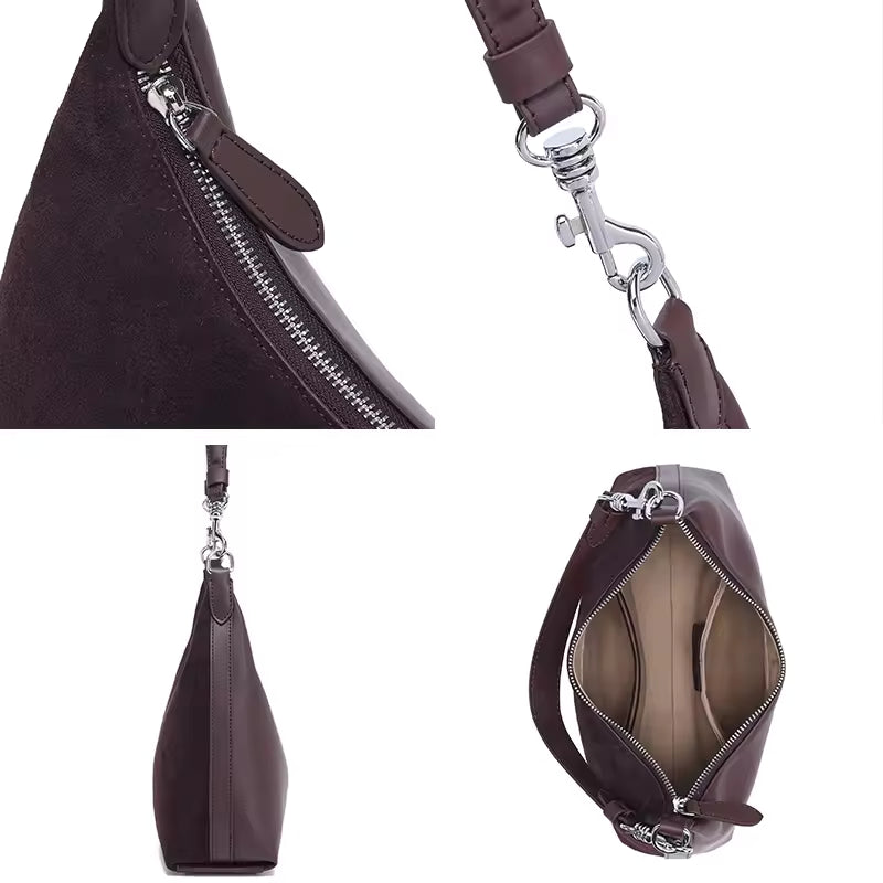 Retro Genuine Leather Suede Handbag Cowhide Women's Underarm Shoulder Crossbody Bag For Ladies Velvety Bag Luxury Designer Bags
