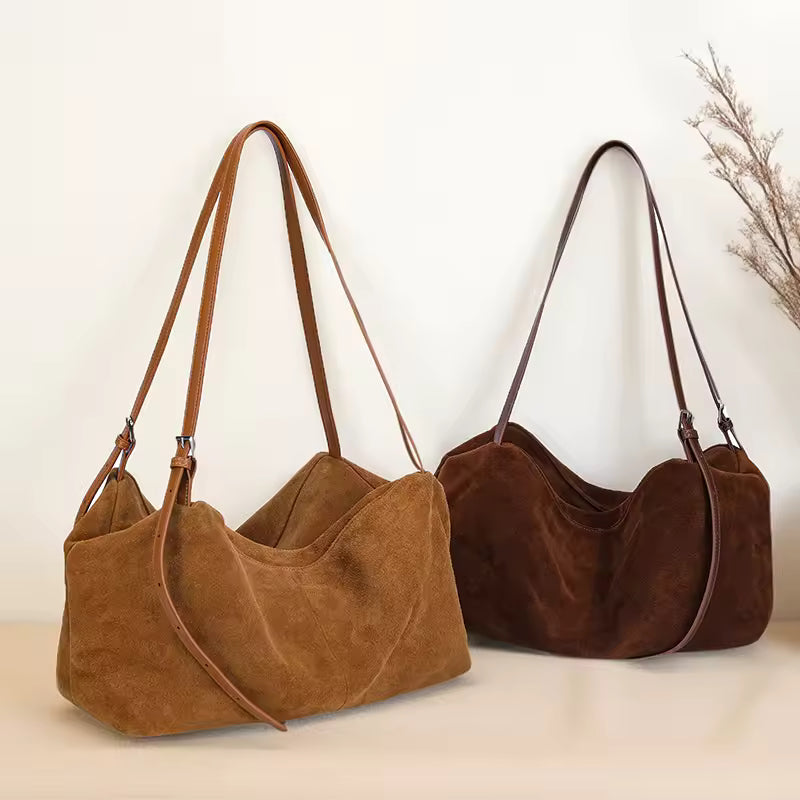 Vintage Suede Leather Shoulder Bag - Luxury Soft Cowhide Commuter Tote