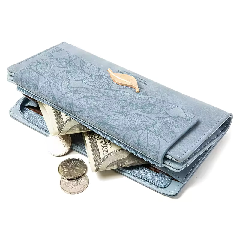 Purse female niche design retro simple long mobile phone bag frosted leaf women's purse 2026 new trend all-matching wallet women