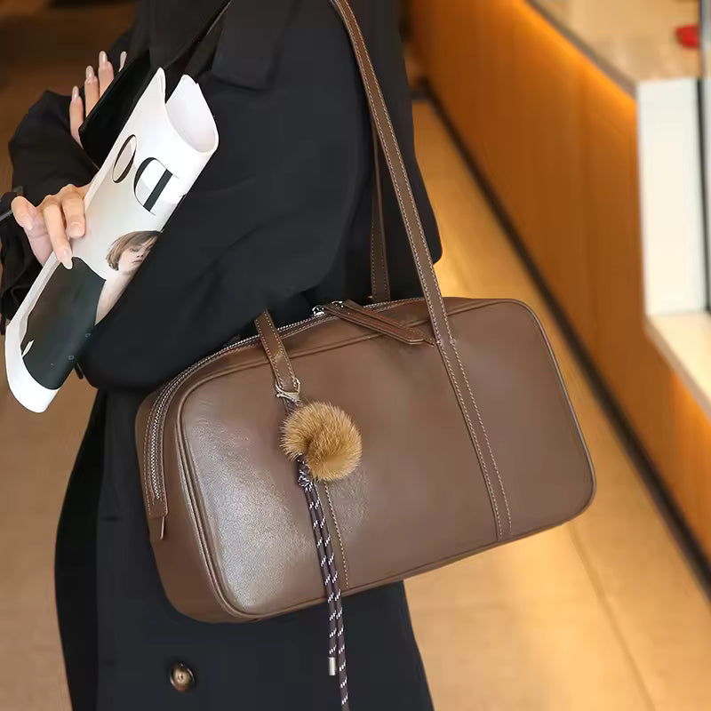 Fashion Genuine Cowhide Leather Women's Shoulder Bag Cute Large Capacity Commuter Girl Cow Brown Handbag Luxury Brand Designer