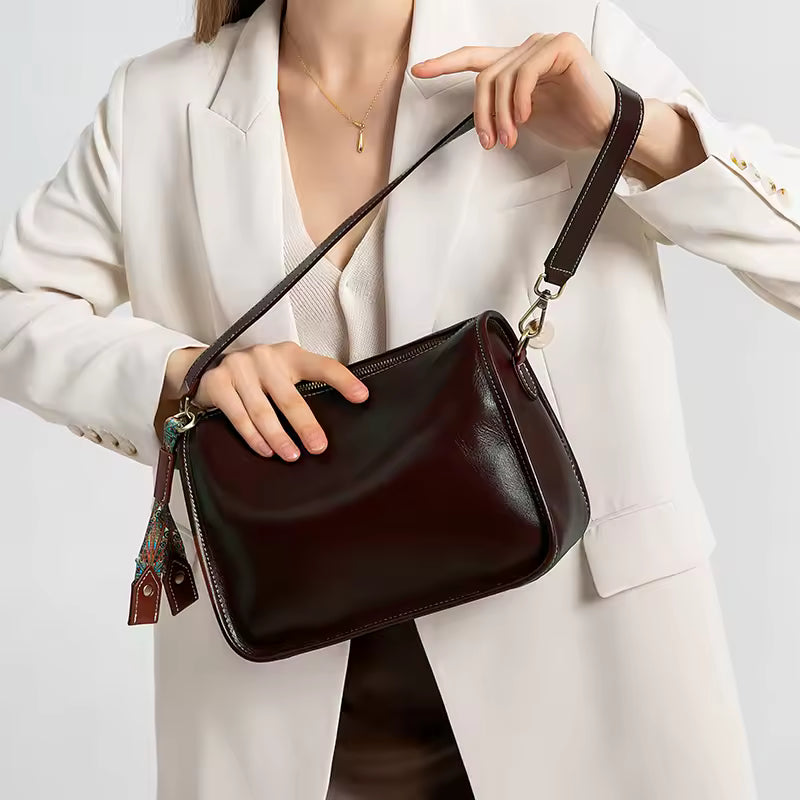 Women's Real 100% Cowhide Leather Wide Shoulder Bag Solid Color Soft Cow Leather Crossbody Bag Luxury Messenger Bag Ladies Gift