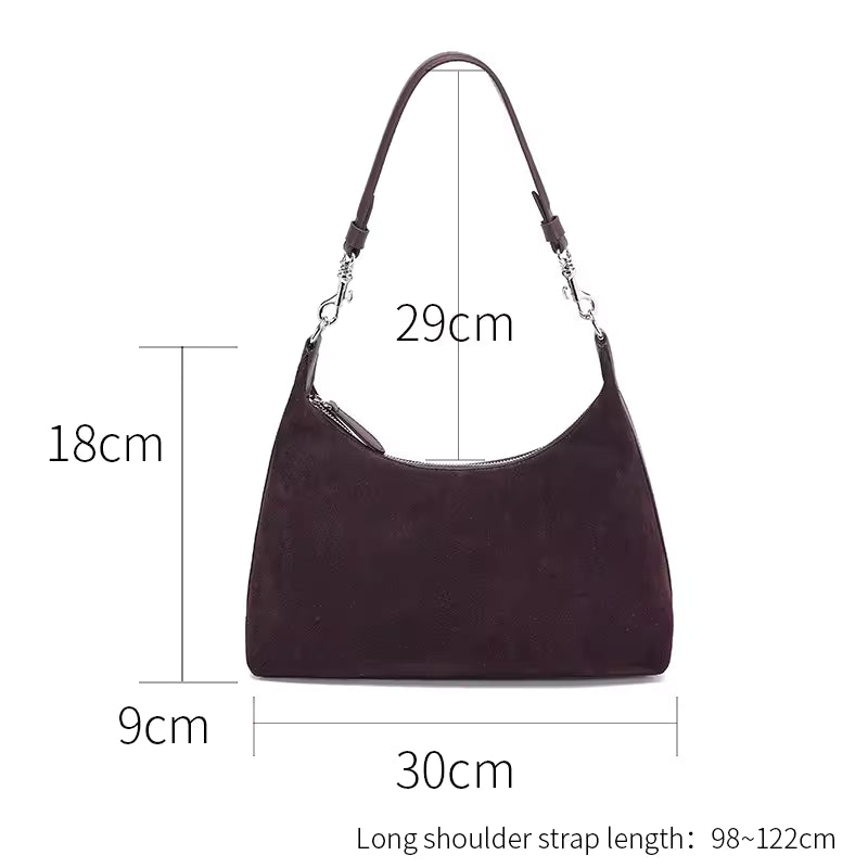 Retro Genuine Leather Suede Handbag Cowhide Women's Underarm Shoulder Crossbody Bag For Ladies Velvety Bag Luxury Designer Bags