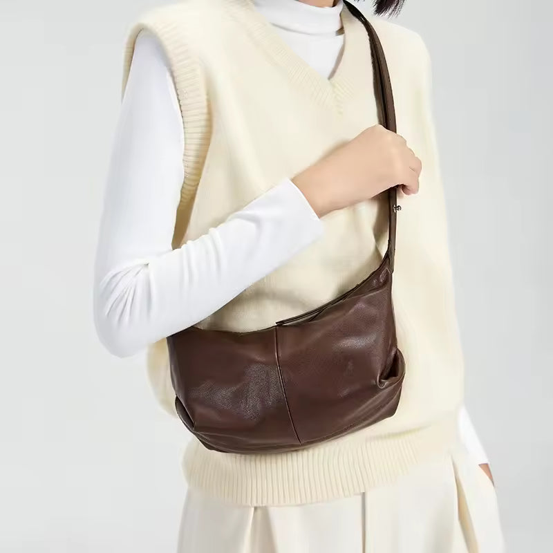 Women's Genuine Cowhide Leather Soft Tote Bag For Ladies Casual Trendy Dumpling Working Handbags Luxury Female Commuter Bag