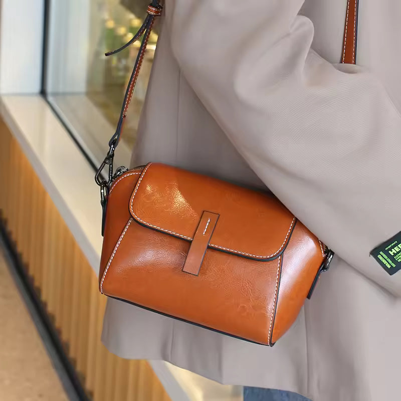 Women's Oil Wax Cowhide Genuine Leather Crossbody Bag Small Solid Cow Shoulder Shell Hand Bag Luxury Brand Bag Accessories