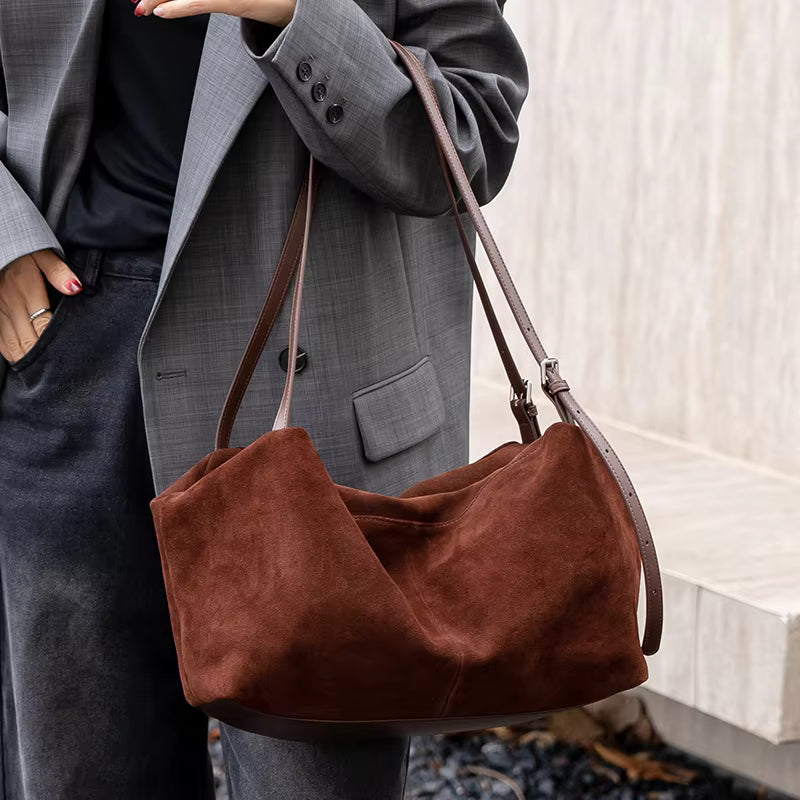 Vintage Suede Leather Shoulder Bag - Luxury Soft Cowhide Commuter Tote