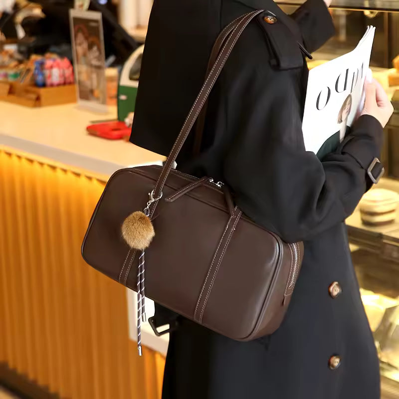 Fashion Genuine Cowhide Leather Women's Shoulder Bag Cute Large Capacity Commuter Girl Cow Brown Handbag Luxury Brand Designer