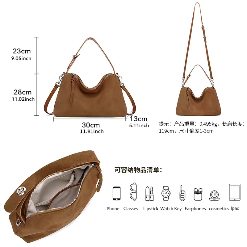 Textured Frosted Leather Handbag | Minimalist Genuine Suede Crossbody for Women