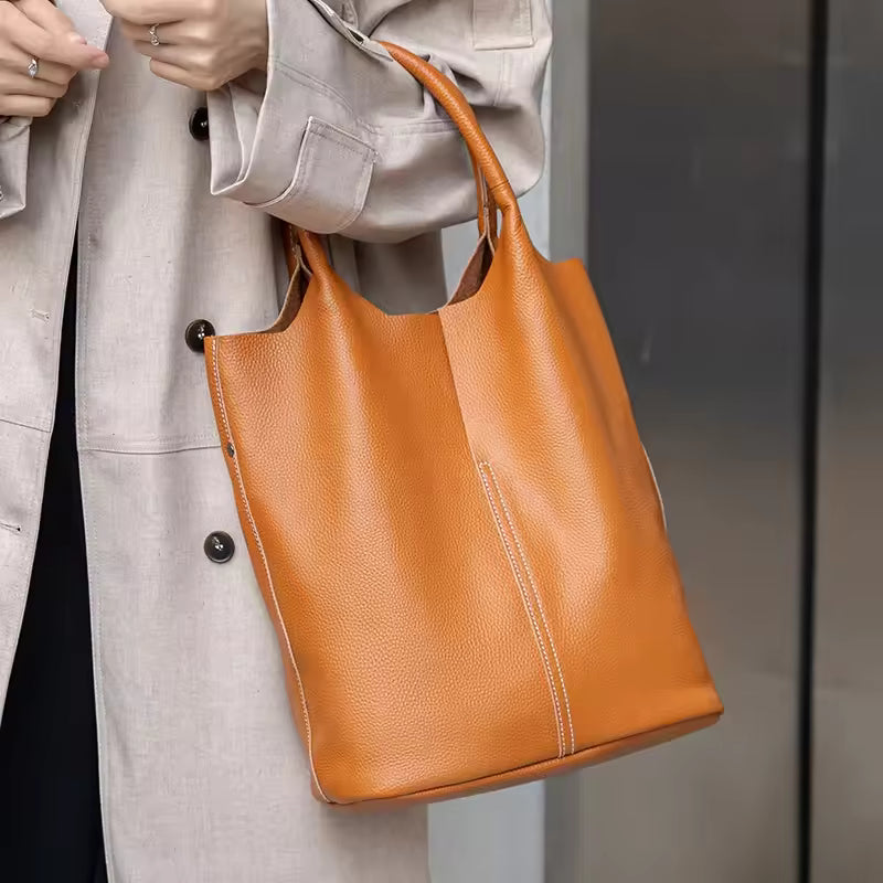 Executive Leather Bucket Tote | Minimalist Large Capacity Shopper Bag