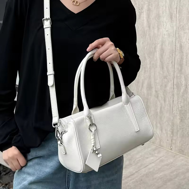 Women's Coffee Cowhide Genuine Leather Shoulder Bags Female Designer Retro Boston Tote Soft Matte Crossbody Cow Leather Bag