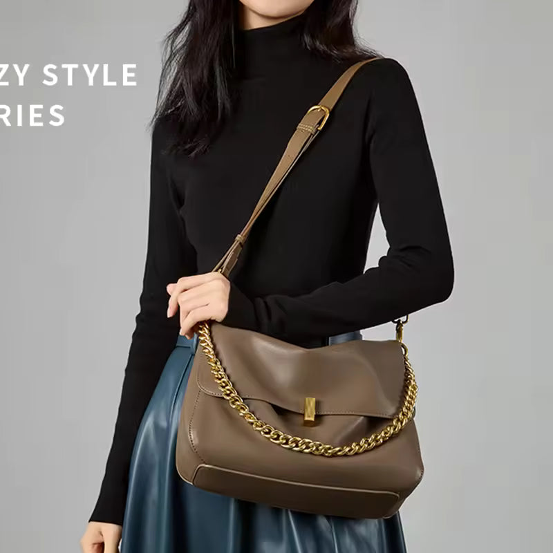 Trendy Genuine Cow Leather Shoulder Chain Bag For Women Large Capacity Single Strap Handbag Messenger Tote Bag Bolsas De Mujer