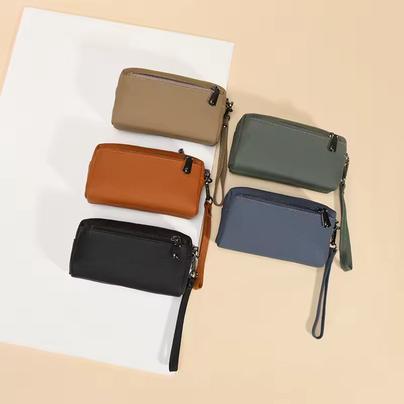 Sophisticated Leather Wristlet Clutch - Genuine Cowhide Portable Purse for Women