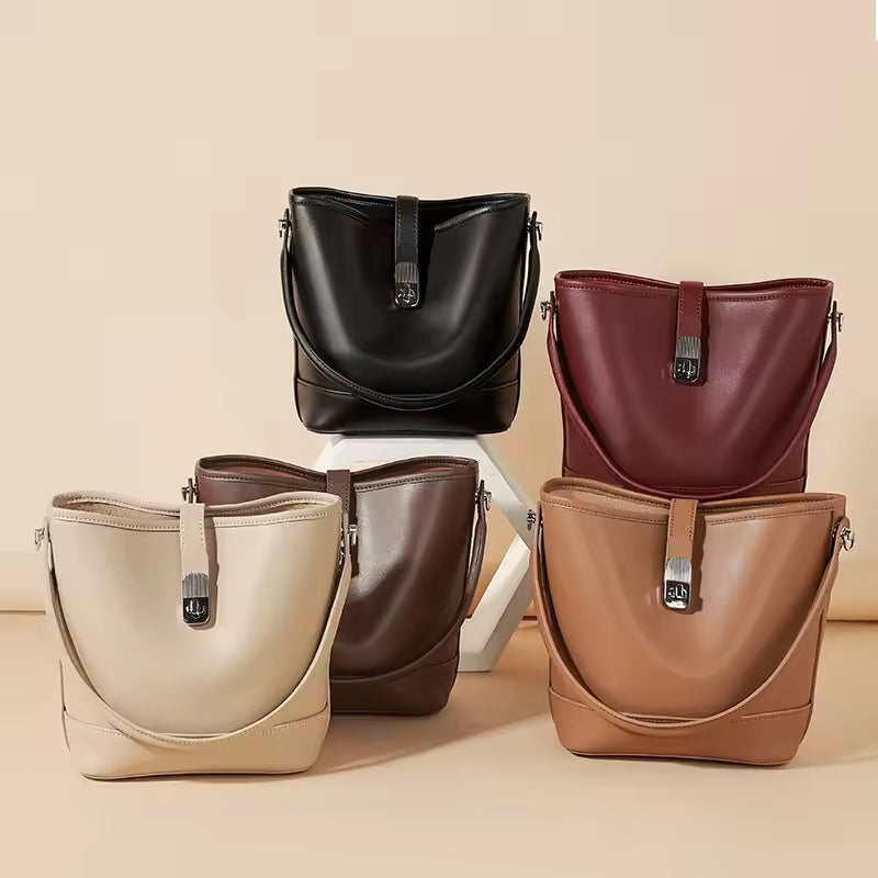 Genuine Cowhide Leather Women's Bucket Handbag For Ladies Soft Large Capacity Shoulder & Crossbody Bag Luxury Brand Messenger