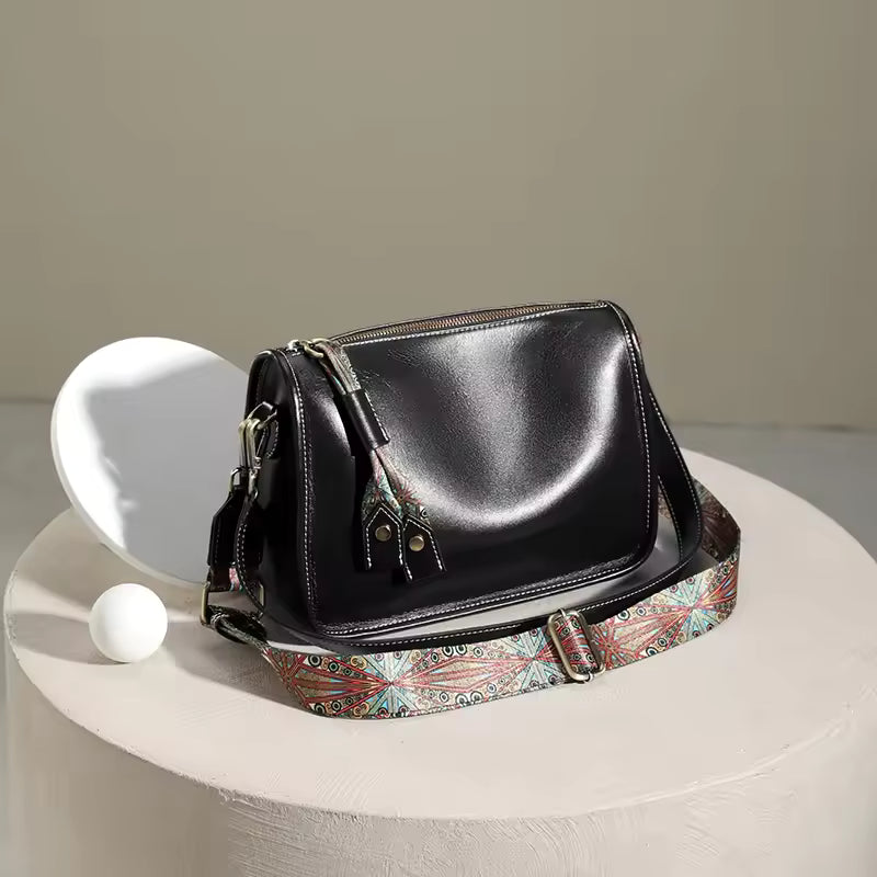 Women's Real 100% Cowhide Leather Wide Shoulder Bag Solid Color Soft Cow Leather Crossbody Bag Luxury Messenger Bag Ladies Gift
