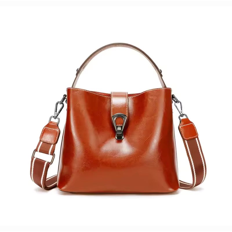 Ladies Waxed Cowhid Genuine Leather Bag Women's Retro Top-grain leather Shoulder Handbag Female Cowhide Commuting Crossbody Bags
