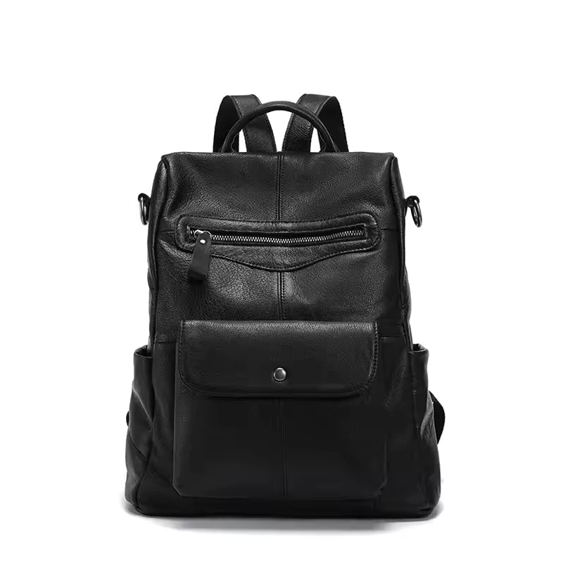 Sophisticated Soft Leather Travel Bag - Minimalist Black Cowhide Backpack