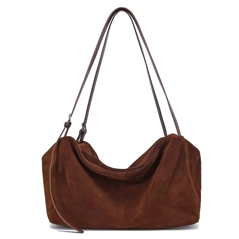 Vintage Suede Leather Shoulder Bag - Luxury Soft Cowhide Commuter Tote
