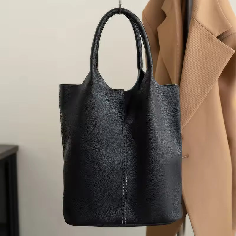 Executive Leather Bucket Tote | Minimalist Large Capacity Shopper Bag