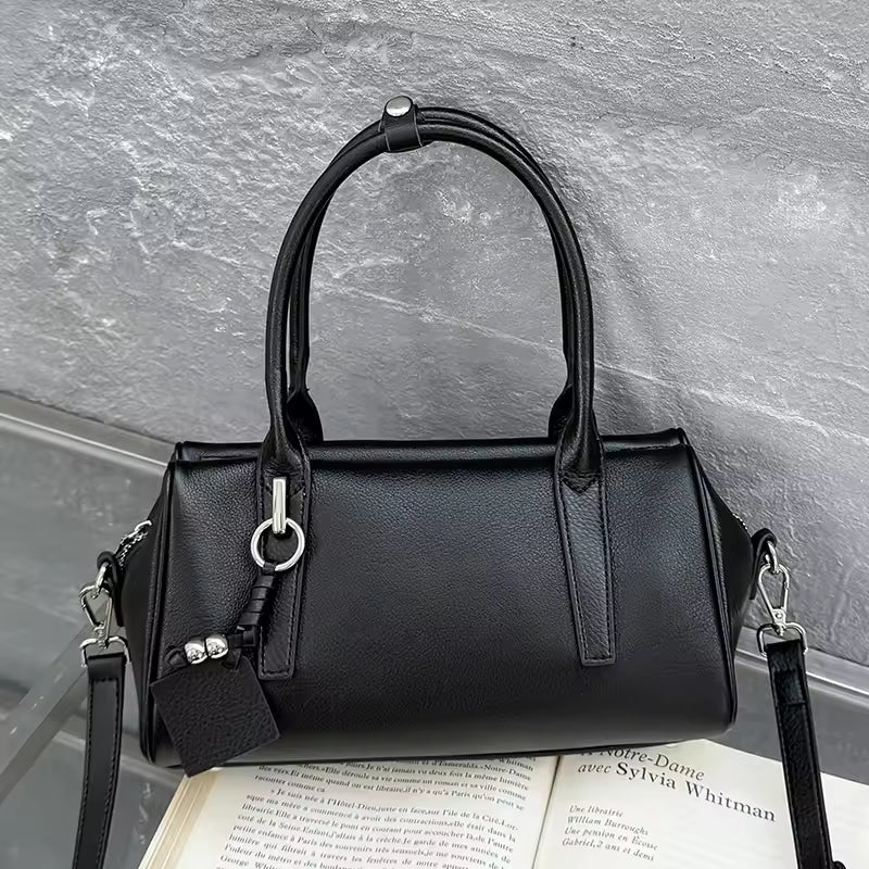 Women's Coffee Cowhide Genuine Leather Shoulder Bags Female Designer Retro Boston Tote Soft Matte Crossbody Cow Leather Bag