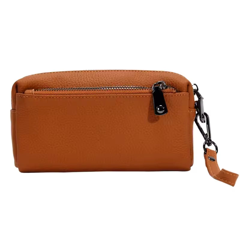 Sophisticated Leather Wristlet Clutch - Genuine Cowhide Portable Purse for Women