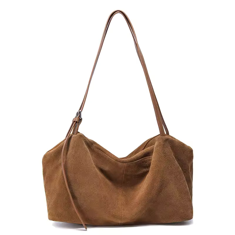 Vintage Suede Leather Shoulder Bag - Luxury Soft Cowhide Commuter Tote
