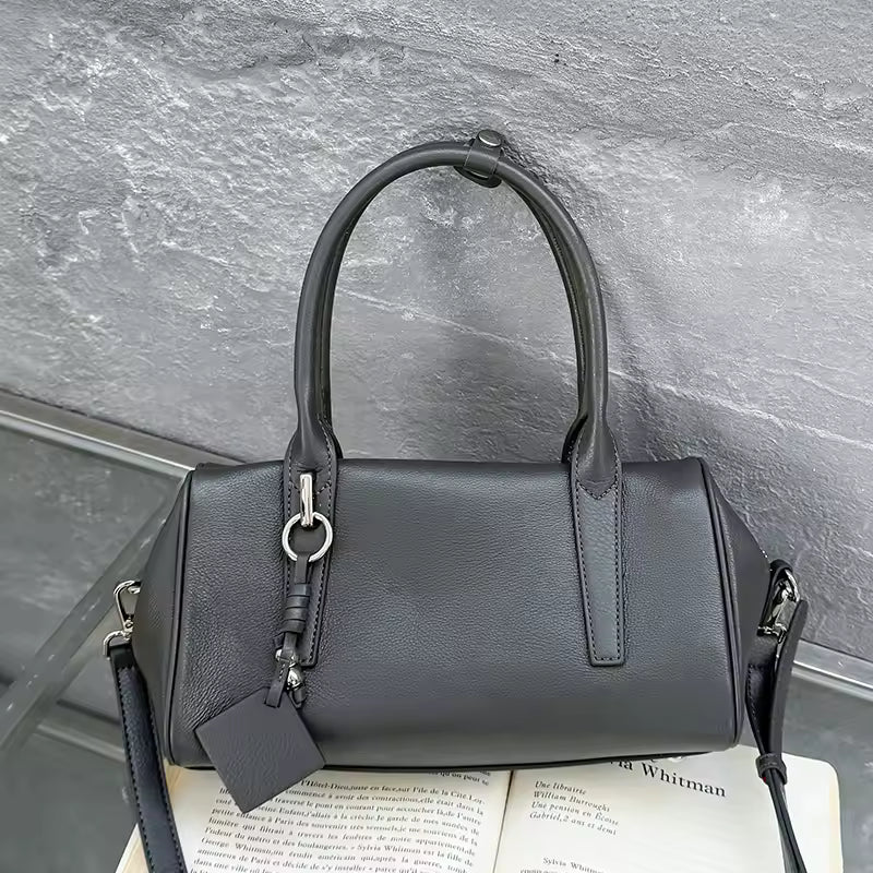 Women's Coffee Cowhide Genuine Leather Shoulder Bags Female Designer Retro Boston Tote Soft Matte Crossbody Cow Leather Bag