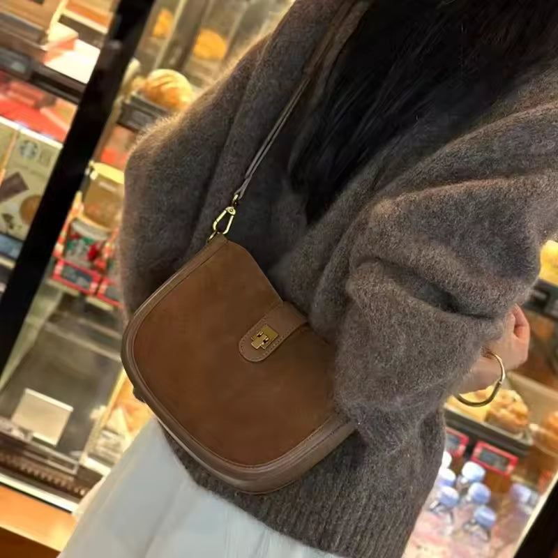 Dual-Texture Cowhide Shoulder Bag - Luxury Suede & Smooth Leather Handbag