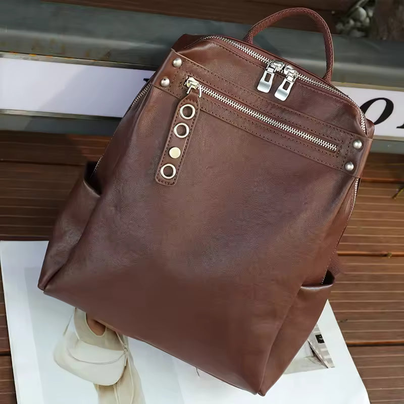 The Heritage Natural Leather Rucksack | Large Capacity Vintage Cowhide Backpack