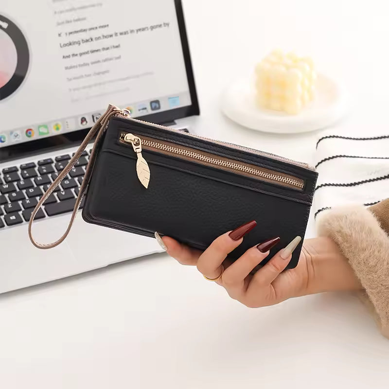 New Women's Long Wallet High-Quality PU Litchi Texture Handheld Double Zipper Long Wallet Fashionable Versatile Multi-Card Slot