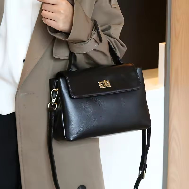 Chic Cowhide Leather Handheld Bag | Versatile Luxury Shoulder & Crossbody Tote