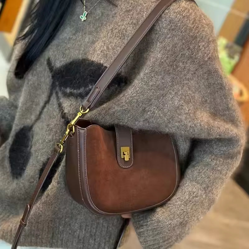 Dual-Texture Cowhide Shoulder Bag - Luxury Suede & Smooth Leather Handbag