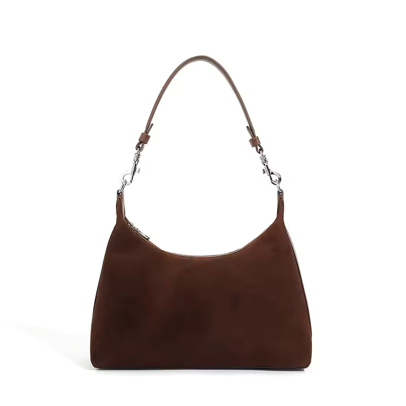 Retro Genuine Leather Suede Handbag Cowhide Women's Underarm Shoulder Crossbody Bag For Ladies Velvety Bag Luxury Designer Bags