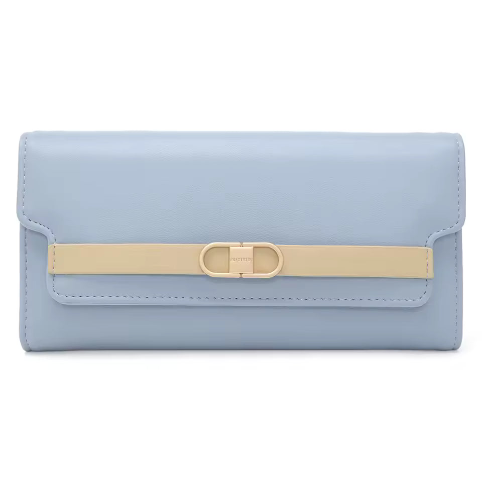 2026 spring new long purse high-end boutique Japanese and South Korea small fresh solid color hardware buckle three fold bag