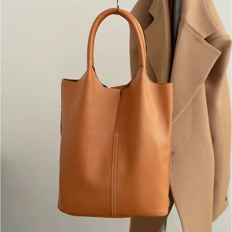 Executive Leather Bucket Tote | Minimalist Large Capacity Shopper Bag