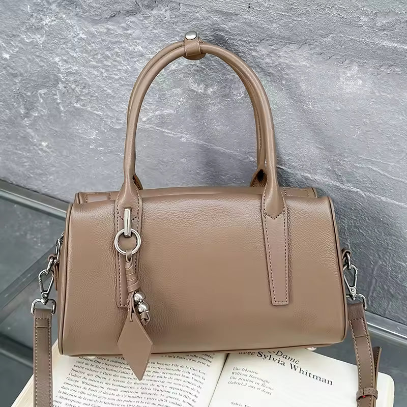 Women's Coffee Cowhide Genuine Leather Shoulder Bags Female Designer Retro Boston Tote Soft Matte Crossbody Cow Leather Bag